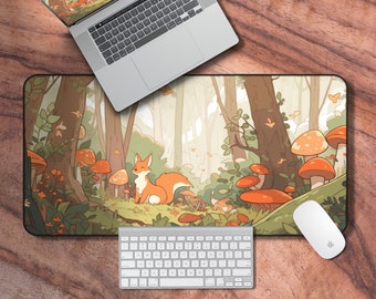 Lofi Desk Mat, Cozy Gamer Aesthetic Mouse Pad, Mushroom Forest Laptop Mat, Kawaii Deskpad, Keyboard Wrist Rest