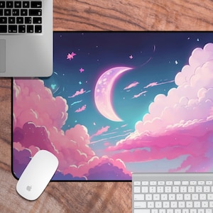 Cute Deskmat, Moon Gaming Desk Mat, Starry Night Themed Large Mouse Pad, Purple Keyboard Mat, Gift For Gamers