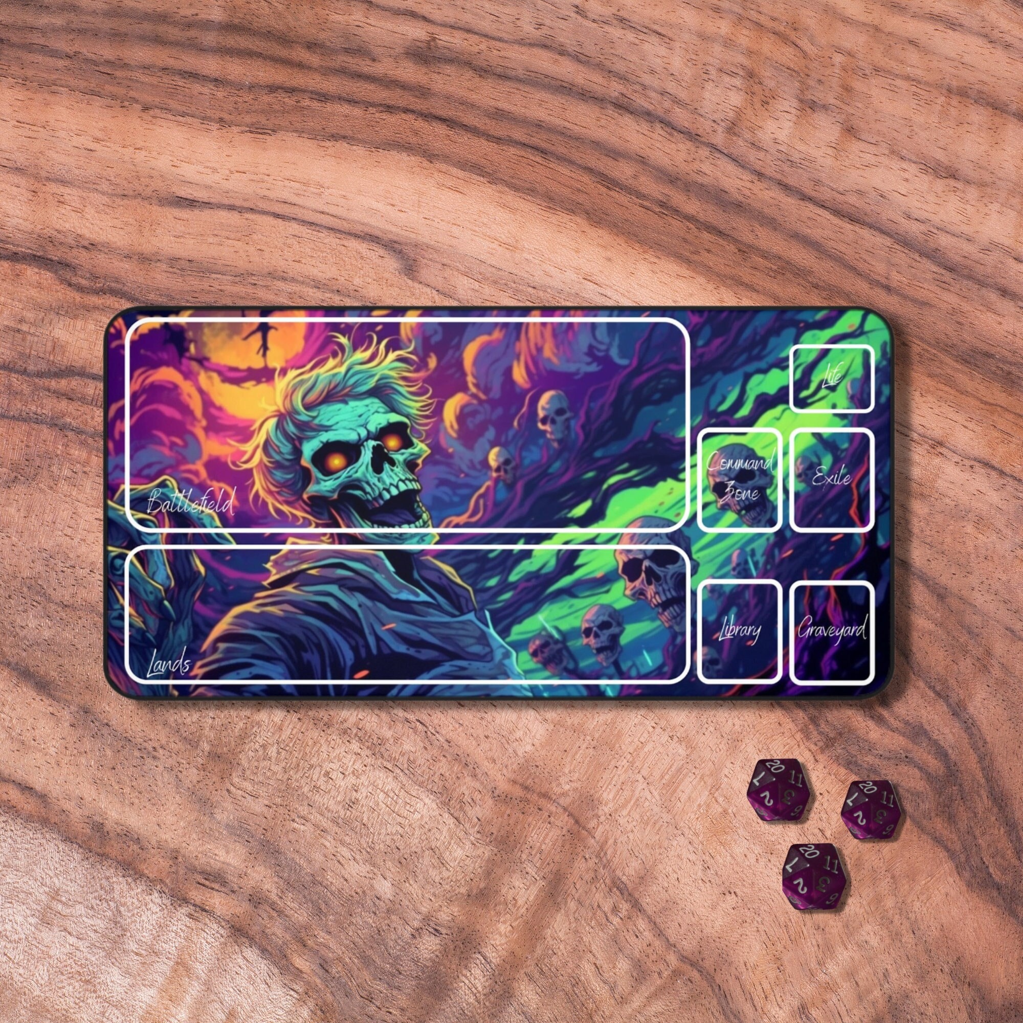 MTG Playmat With Zones, MTG Playmat Commander, Neon Zombie Themed