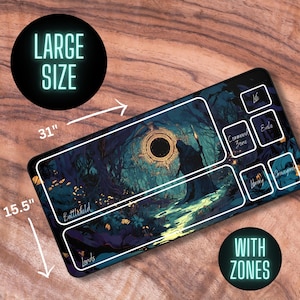 May include: A large, rectangular mousepad with a dark fantasy illustration of a hooded figure standing in a forest. The mousepad has designated zones for different functions, including "Battlefield", "Lands", "Library", "Graveyard", "Command Zone", "Exile", and "Lite". The mousepad measures 31 inches by 15.5 inches.