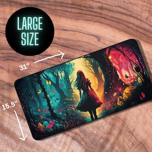 May include: A large, colorful mousepad featuring a whimsical forest scene with a girl in a red dress walking through a path lined with trees. The background is a vibrant mix of greens, blues, and yellows, with butterflies fluttering around. The mousepad measures 31 inches by 15.5 inches.