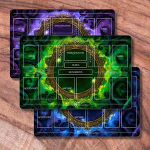 May include: Three gaming playmats with a fantasy theme. The mats feature a central gold-colored frame with text labels for game components. The backgrounds are in shades of purple, green, and blue, with swirling patterns and tentacles.