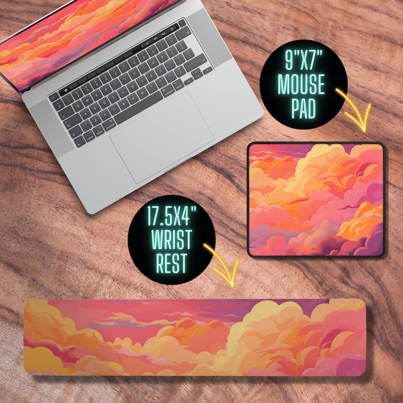 Puede incluir: Un conjunto de tres accesorios de escritorio con un dise&ntilde;o de nubes de color atardecer. El conjunto incluye un reposamu&ntilde;ecas de 17,5 x 4 pulgadas, una alfombrilla de rat&oacute;n de 9 x 7 pulgadas y una bandeja para el teclado.