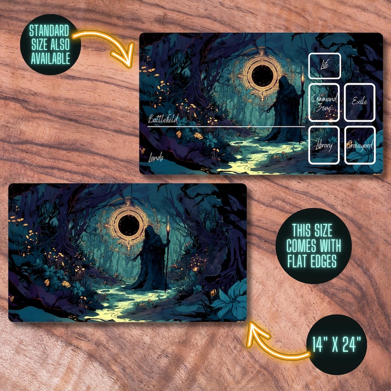 May include: A fantasy-themed tabletop gaming mat with a dark blue and green forest scene. The mat features a circular portal with a black center and a glowing gold rim. A figure in a dark robe stands in the forest, holding a staff. The mat includes sections for "Battlefield", "Lands", "Life", "Command Zone", "Exile", "Library", and "Graveyard". The mat is available in a standard size and a larger size with flat edges, measuring 14 inches by 24 inches.