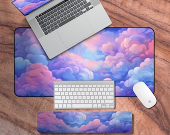 May include: A desk mat and wrist rest featuring a colorful, abstract design of pink, purple, and blue clouds. The set includes a keyboard and mouse pad.
