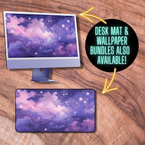 May include: A computer monitor and a desk mat featuring a purple and pink starry night sky design. The text "DESK MAT & WALLPAPER BUNDLES ALSO AVAILABLE!" is on a black circle with a neon green outline.