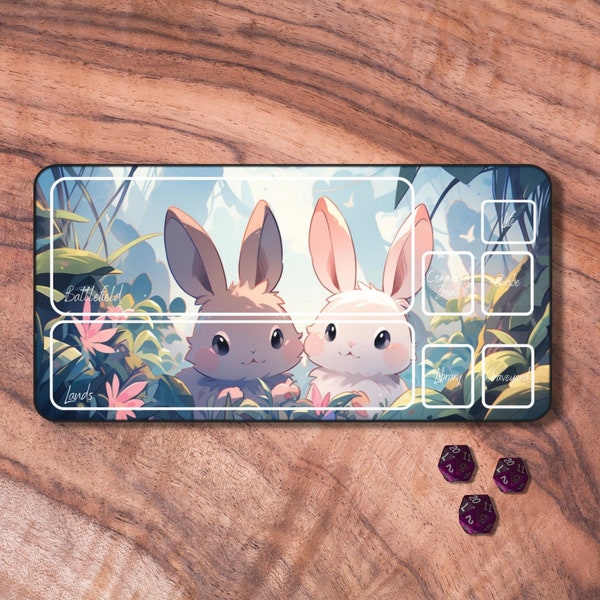 MTG Playmat Cute, Kawaii MTG Playmat with Zones, Bunny Themed Trading Card Game Play Mat, MTG Accessories, Gifts for Gamers