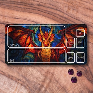 MTG-speelmat met zones, MTG-speelmat met drakenthema, TCG-speelmat gebrandschilderd glas, neopreen kaartspeelmat, cadeaus voor gamers