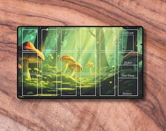May include: A green and brown forest-themed game mat with a grid of squares for game pieces. The mat has labels for "Event Cards", "Workers", "Point Tokens", and "Resources".