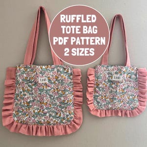 Kids ruffled tote bag pdf pattern, pdf pattern 2 sizes, diy tote bag, tote bag pattern, sewing pattern, fabric bag diy.