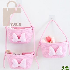 Pink Bow Storage Basket Collection Handmade Wall Hanging Storage Basket Tidy Home Organiser Small and Large Storage Basket Gift For Her