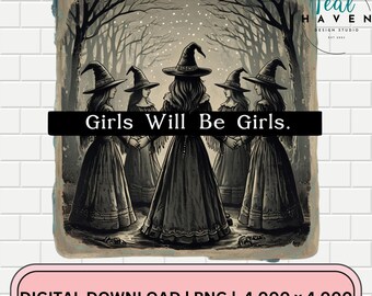 Mädchen werden Mädchen PNG Clipart Sofortiger digitaler Download, lustige Hexe PNG, Vintage Halloween, Witchy Vibes PNG