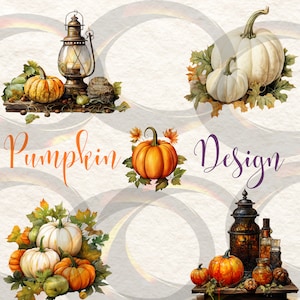 Watercolor Pumpkin Clipart-Autumn cute pumpkins and flowers PNG format instant download for commercial use