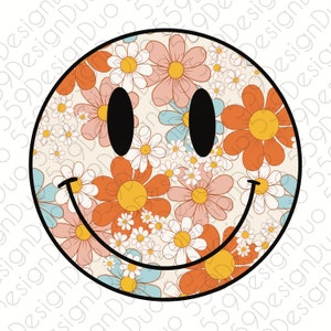 Retro floral smiley face png file for sublimation