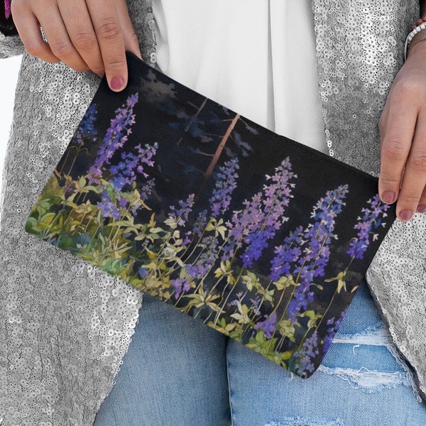 Whimsical Larkspur Cosmetic Bag Botanical July Birth Month Flower July Birthday Accessory Travel Pouch Gift for Her Flower Garden Lover Gift