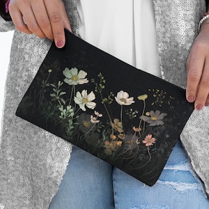 Cosmos Flowers Cosmetic Pouch Gift for Her October Birth Month Flower Makeup Bag Gift Dark Floral Accessory Travel Pouch Clutch Purse Gift