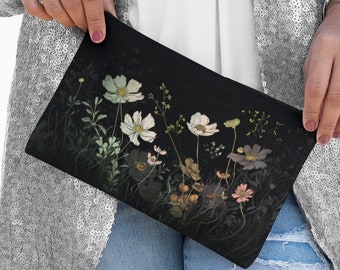 Cosmos Flowers Cosmetic Pouch Gift for Her October Birth Month Flower Makeup Bag Gift Dark Floral Accessory Travel Pouch Clutch Purse Gift