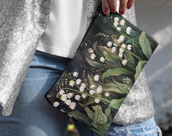 Lily of the Valley Flowers Accessory Pouch Gift for Her May Birth Month Flower Makeup Bag Birthday Gift Whimsical Dark Botanical Floral Gift
