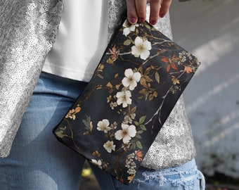 Hawthorn Flower Dark Botanical Accessory Pouch May Birth Month Flower Makeup Bag Gift Art Deco Style Dark Floral Woodlands Art Cosmetic Bag