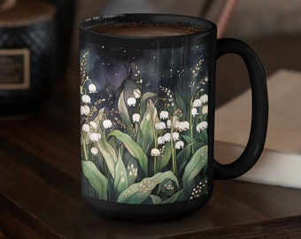 Lily of the Valley Flowers Black Mug Gift for Her May Birth Month Flower 15oz Ceramic Mug Birthday Gift Whimsical Dark Botanical Floral Gift