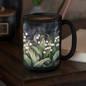 Lily of the Valley Flowers Black Mug Gift for Her May Birth Month Flower 15oz Ceramic Mug Birthday Gift Whimsical Dark Botanical Floral Gift