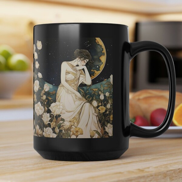 Art Deco Black Ceramic Mug Gift Dark Academia Aesthetic 15oz Coffee Mug Romantic June Roses Dreaming Woman and Moon Night Sky Tea Mug Gift