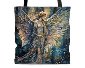 Enchanted Forest Angel Tote Bag Gift Angel In The Woods Shopping Tote Guardian Angel Wings Gift for Her Angelic Travel Book Tote 3 Sizes