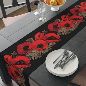 Red Poppy Floral Table Runner Dining Room Decor Gift Dark Floral Table Decorative Runner Kitchen Dining Home Linen Decor Red Poppies Design