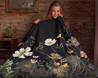 Couverture en velours Minky fleur cosmos cadeau pour elle, mois de naissance octobre, fleur super douce, fantaisie florale foncée, cadeau déco de chambre
