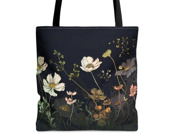 Cosmos Flowers Tote Bag Gift for Her October Birth Month Flower Shopping Tote Gift Dark Floral Travel Tote Student Teacher Tote Bag Gift