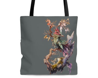 Fantasy Forest Bird Design Tote Bag Magical Mountain Creature Carry All Tote Colorful Cryptid Creature Gift Tote Bag Watercolor Art