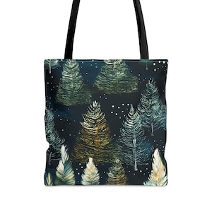 Dark Winter Forest Travel Tote Gift Whimsical Snowy Fir Trees Shopping Tote Bag Students Teachers Gift Tote Bag Winter Woodlands Aesthetic