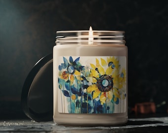 Sunflower Scented Soy Candle Gift for Her Sunflower Collage 9oz Jar Candle Bright Boho Floral Summer Birthday Watercolor Floral Candle Gift