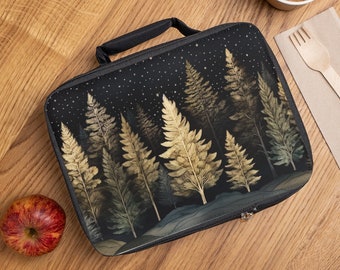 Winter Forest Lunch Bag Gift Whimsical Vintage Art Fall Trees Insulated Lunch Box Dark Forest Snowflakes Night Stars Travel Lunch Tote Gift