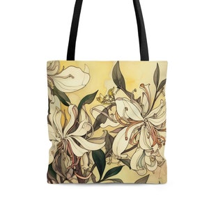 Honeysuckle Flower Tote Bag June Birth Month Flower Shopping Tote Watercolor Botanical Art Deco Floral Travel Bag June Birthday Gift for Her