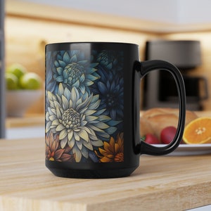 Aster Floral Mug Gift for Her Art Deco Vintage Asters 15oz Black Ceramic Mug Gift September Birth Month Flower Asters Coffee Lovers Mug Gift
