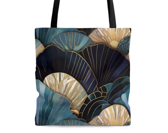 Art Deco Seashells Tote Bag Gift for Her Blue Sea Shells Summer Tote Gift Beach Ocean Lovers Gift Travel Tote Beach Bag Shopping Tote Gift