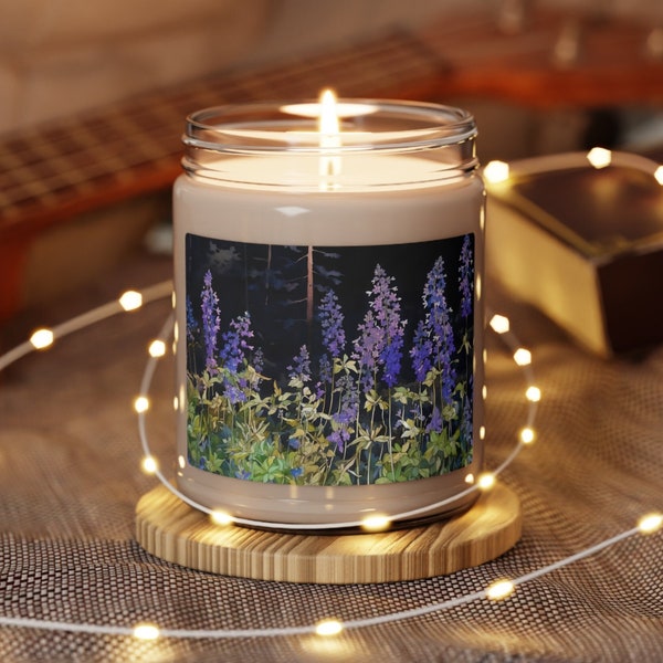 Whimsical Larkspur Candle Gift Botanical Wildflowers Birth Month Flower July Birthday Scented Soy Candle Gift for Her Flower Gardener Gift