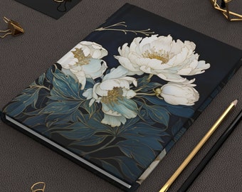 White Peonies Journal Gift for Her Art Deco Peony Flower Dream Diary Gift November Birth Flower Hard Cover Journal Dark Floral Journal 6"x8"
