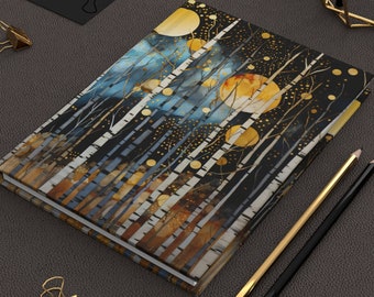 Magical Fall Forest Journal Fantasy Art Deco Golden Orbs Autumn Trees Hard Cover Diary Woodlands Aesthetic Dream Diary Gift Full Moon 6"x8"
