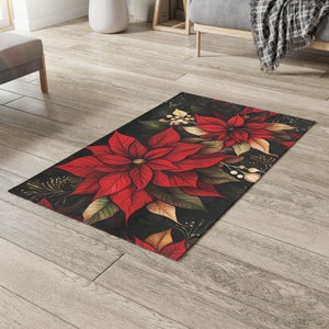 Whimsical Poinsettia Dobby Rug Gift December Birth Month Flower Area Rug Home Decor Dark Floral Rug Room Decor Holiday Christmas Gift Rug