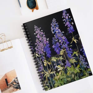 Whimsical Larkspur Spiral Notebook Gift Soft Cover Journal Botanical July Birth Month Flower July Birthday Gift for Her Garden Diary 6"x8"