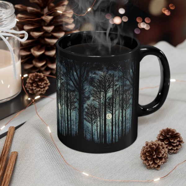Dark Night Forest Mug Gift Woodlands Aesthetic Night Sky Full Moon 11oz Black Ceramic Mug Coffee Lovers Gift Tea Lovers Teachers Gift Mug
