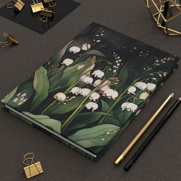 Lily of the Valley Flowers Hardcover Notebook Gift for Her May Birth Month Flower Journal Notebook Birthday Whimsical Dark Botanical Floral