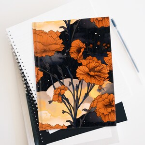Marigold Hard Cover Journal Gift for Her October Birth Month Flower Dream Diary Gift Magical Moon Marigold Fall Floral Starry Night Sky 5x7" image 1
