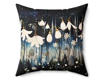 Whimsical Snowdrop Throw Pillow Home Decor Gift January Birth Flower Throw Cushion Pillow Gift Vintage Art Style Dark Floral Room Decor Gift