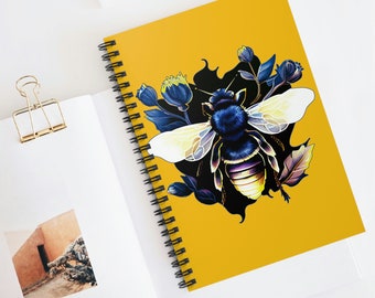 Honey Bee Art Deco Notebook Design Indigo and Gold HoneBee Gift Journal Honeybee with Blue Flowers and Wings Spiral Notebook