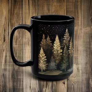 Winter Forest Mug Gift Whimsical Vintage Art Fall Trees 15oz Black Ceramic Mug Dark Forest Coffee Tea Mug Gift Woodlands Aesthetic Mug Gift