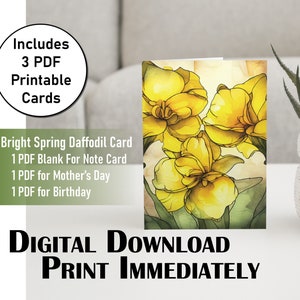 Daffodil Printable Greeting Card Digital Download March Birthday Card Print Instantly Mother&#39;s Day Card Printable Bright Spring Note Card