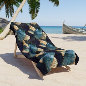Art Deco Seashells Beach Towel Gift for Her Blue Sea Shells Large Pool Towel Beach Ocean Lovers Gift 2 Sizes Beach Towels Blue Gold Accents image 1